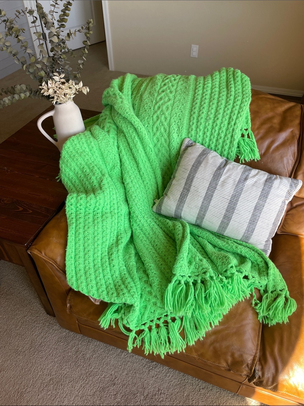 Vintage Handmade Crochet Vibrant Green Knit Throw Blanket with Tassels Hygge